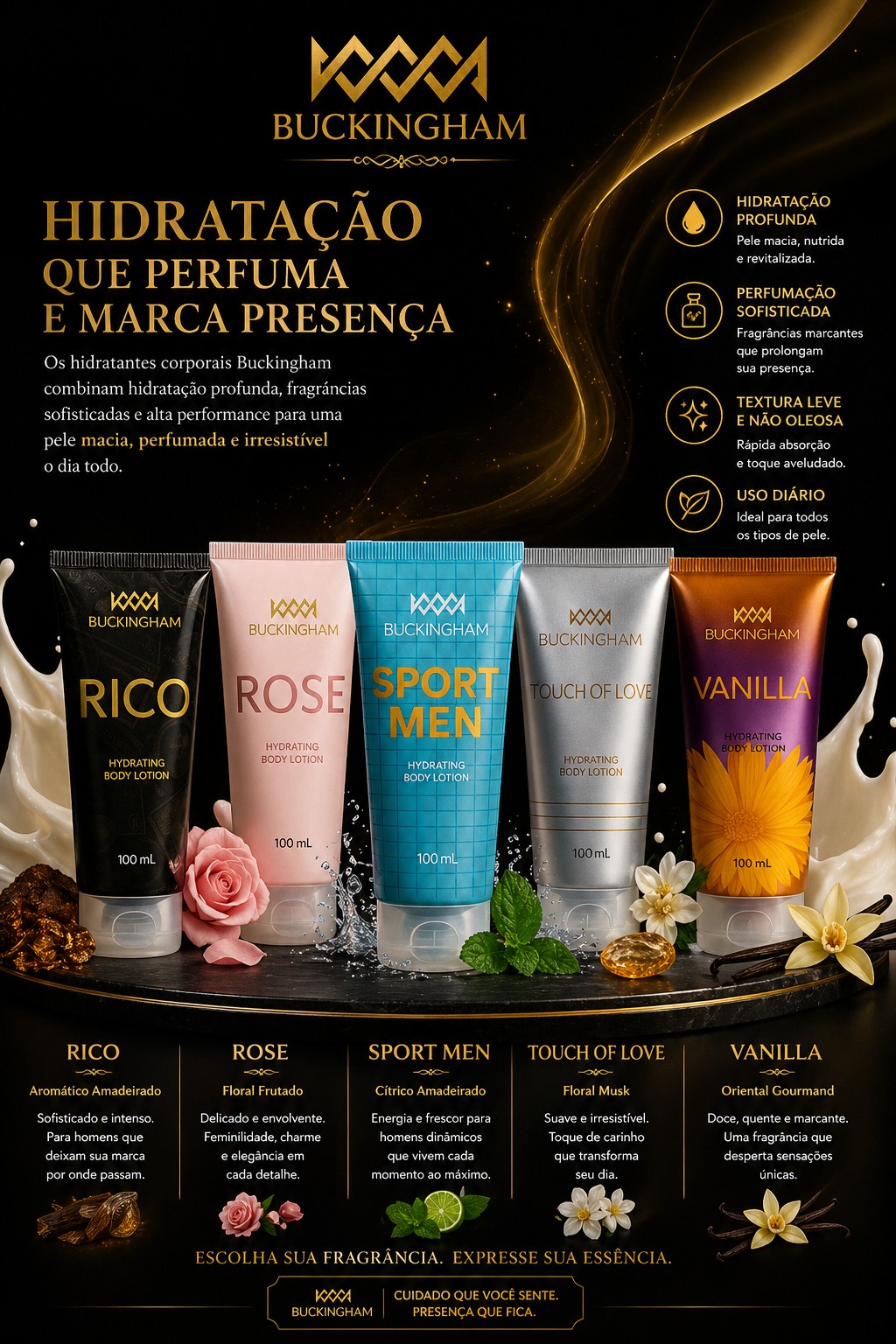 Linha de hidratantes corporais Buckingham: Rico, Rose, Sport Men, Touch of Love e Vanilla