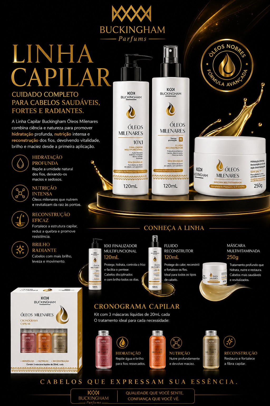 Linha capilar Buckingham Óleos Milenares: finalizador 10x1, fluido reconstrutor e máscara multivitaminada