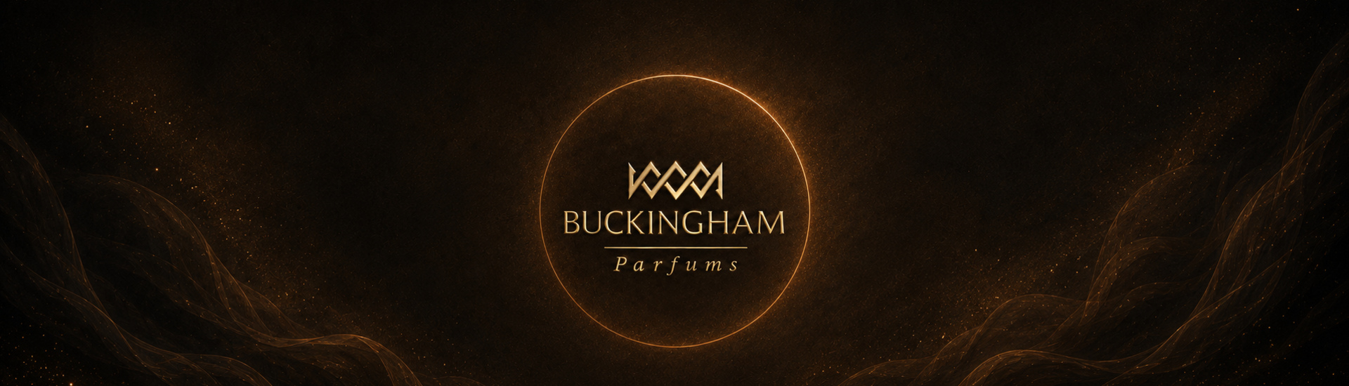 Identidade Buckingham Parfums em fundo preto e dourado